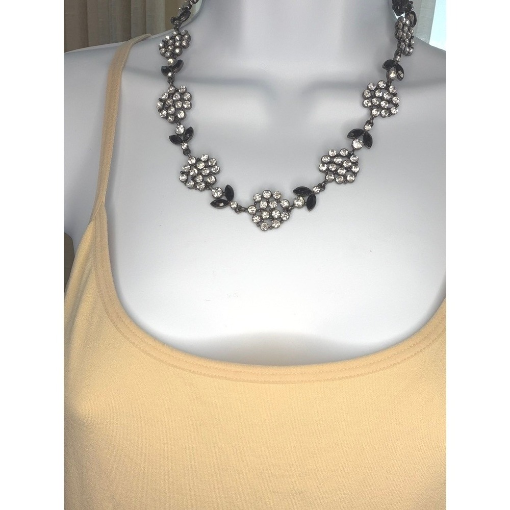 Floral Necklace Black Silver Crystal Rhinestone Collar
